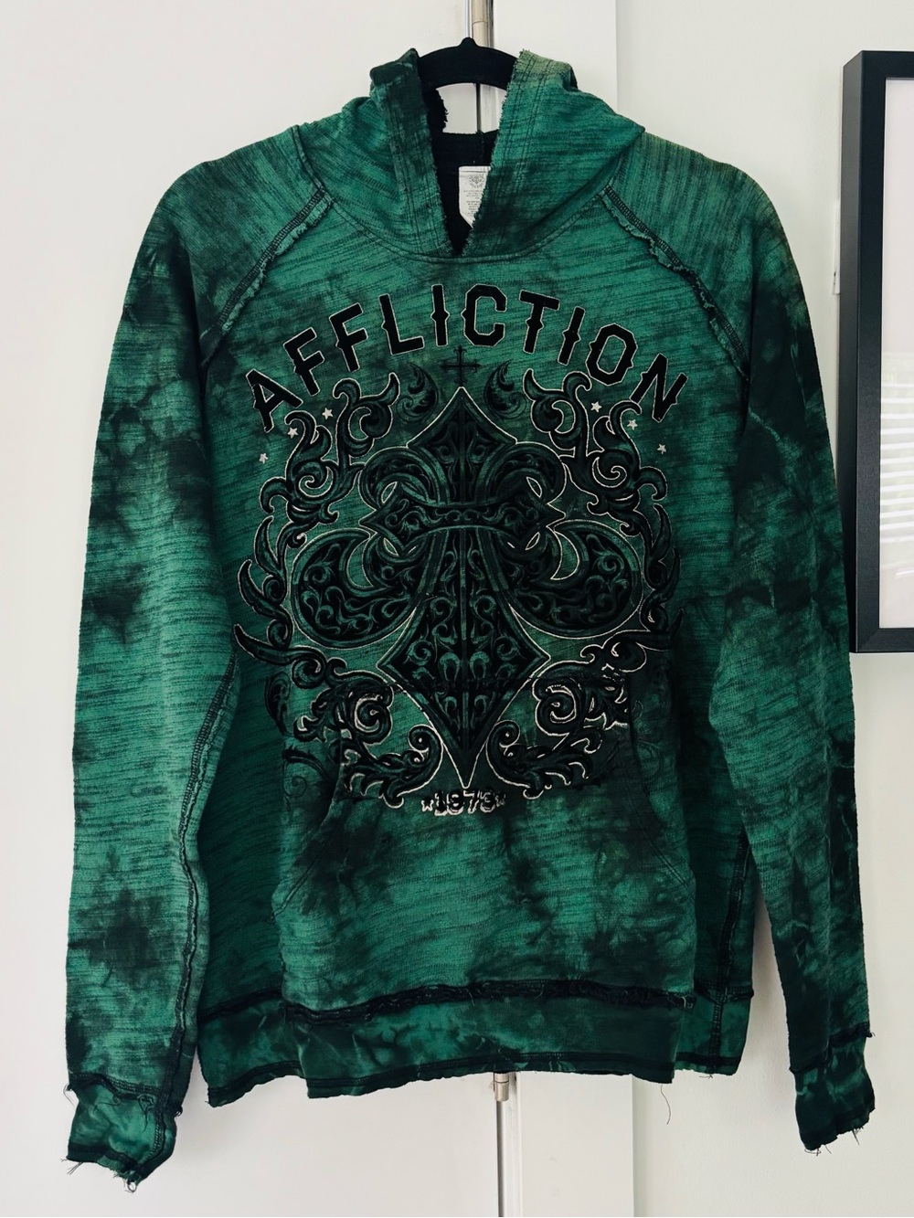 Men's Affliction Distressed Hoodie Sweatshirt emerald green & black size small